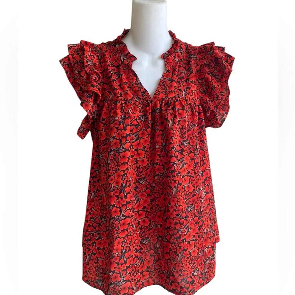 Red Black Floral Blouse Top Short Flutter Sleeves Ruffle v-Neck Unbranded Size M - Picture 1 of 3